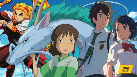 Characters from anime movies including Demon Slayer: Kimetsu no Yaiba – The Movie: Mugen Train's Kyojuro Rengoku, Spirited Away's Chihiro, and Your Name's Taki and Mitsuha