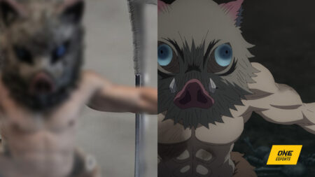 Inosuke Demon Slayer cosplay side by side with Inosuke Hashibira from the Demon Slayer anime