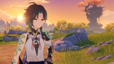 Xiao next to a sunset in Genshin Impact