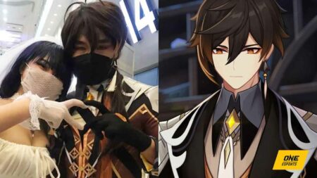 Cosplayer Psyche Elise next to Zhongli from Genshin Impact
