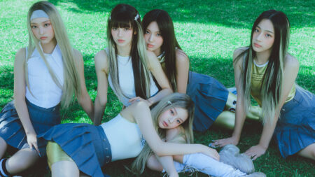 NewJeans members Hanni, Minji, Hyein, Haerin, and Danielle in Get Up promotional poster