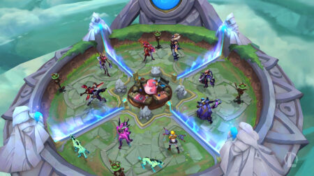 Soul Fighter event 2023 - Overhead from the Arena of the Shattered Beast, stadium attendees cheer as huge red and purple Soul power effects tear up the inner arena.