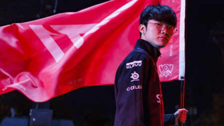 ATLANTA, GEORGIA - OCTOBER 26: Lee "Faker" Sang-hyeok of T1 poses at the League of Legends World Championship Semifinals Features Day on October 26, 2022 in Atlanta, GA. (Photo by Fernando Decillis/Riot Games)